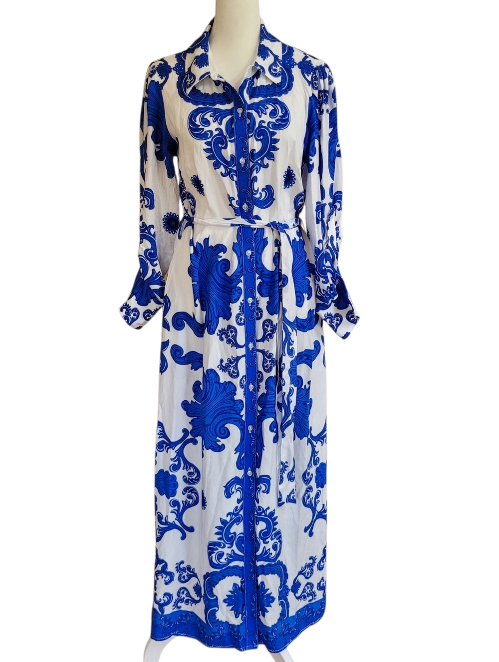 1.STATE Blue White Baroque Print Maxi Shirt Dress Belted Boho Resort Sz S - Picture 3 of 9